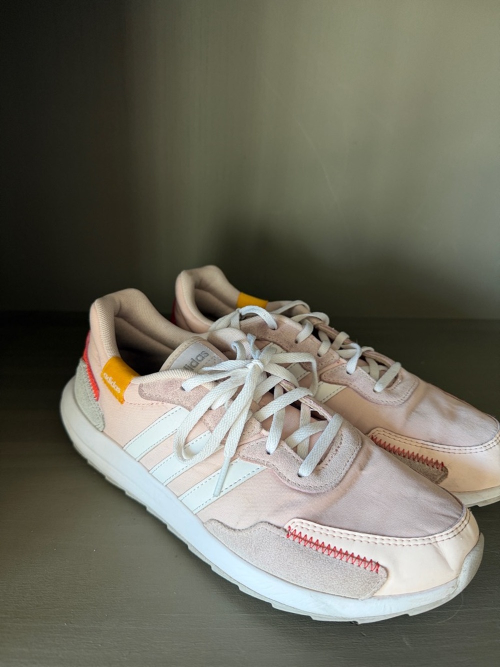 adidas Light Pink Sneakers with White Stripes and Yellow Accents